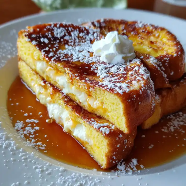 Golden French toast with berries and powdered sugar.