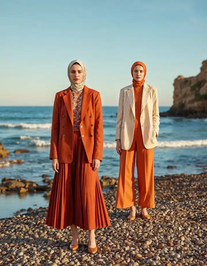 Two figures in warm-toned outfits beside a rocky coast.