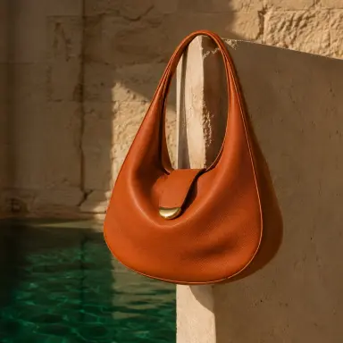 An orange leather handbag in a warm studio setting.